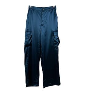 Good Luck Gem New Satin Wide Leg Cargo Pants Large Pockets Teal Blue High Rise